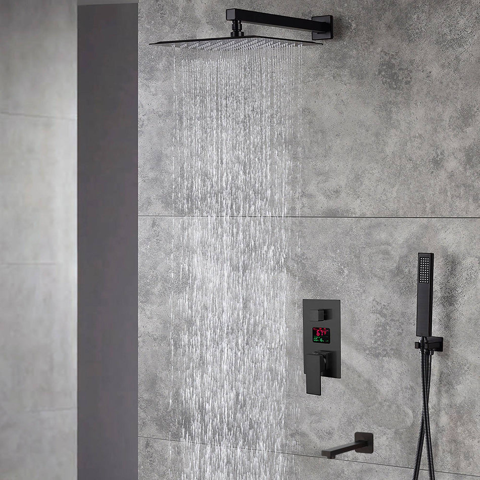 12 INCH or 16 INCH wall mounted 3 way matte black pressure balance Digital display rain showers with Tub spout