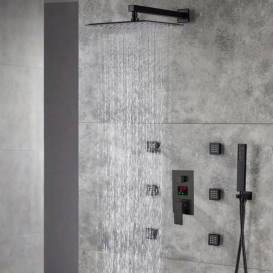 12 INCH or 16 INCH wall mounted 3 way matte black pressure balance Digital display rain showers with 6 body jets