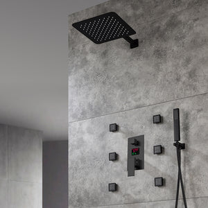 
                  
                    12 INCH or 16 INCH wall mounted 3 way matte black pressure balance Digital display rain showers with 6 body jets
                  
                