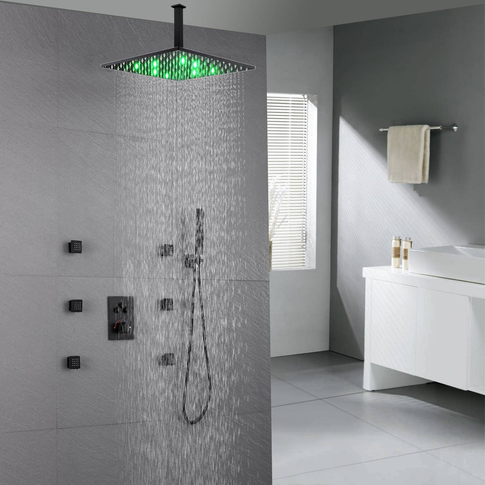 12 inch or 16 inch ceiling mounted LED matte Black 3 way thermostatic valve that each function run at the same time and separately