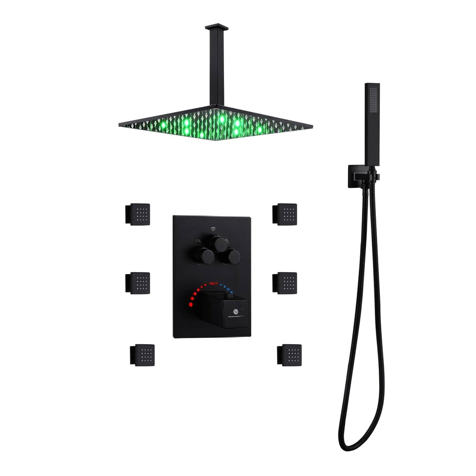 12 inch or 16 inch ceiling mounted LED matte Black 3 way thermostatic valve that each function run at the same time and separately
