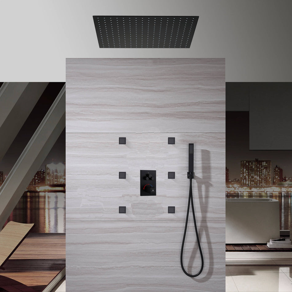 20 inch or 24 inch ceiling mounted  matte Black 3 way thermostatic valve that each function run at the same time and separately