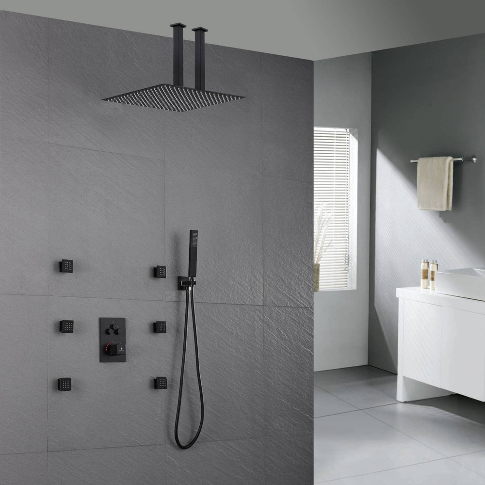 20'' non LED matte Black 3 way thermostatic valve that each function run at the same time and separately