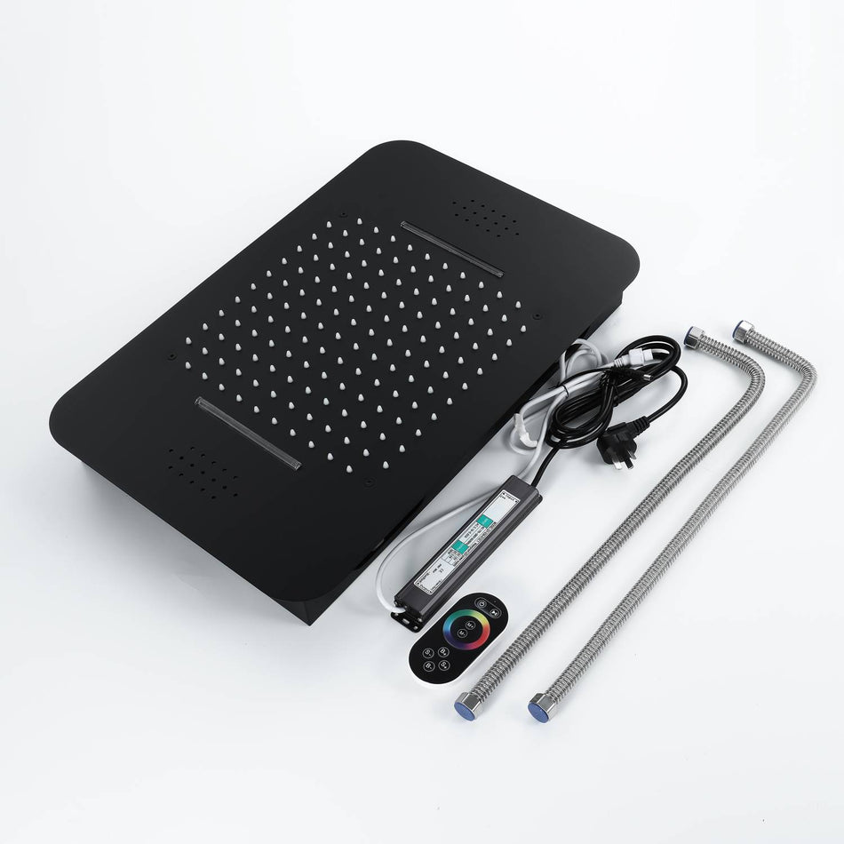 Matt Black Music LED Flushed in 23X 15inch shower head 4 way thermostatic valve that each function run all together and seperately