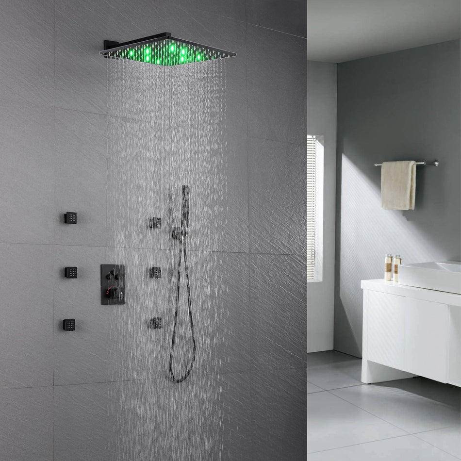 12 inch or 16 inch 3 LED colors 3 way Matte Black Thermostaic shower Massager jets System each function work at the same time and separately