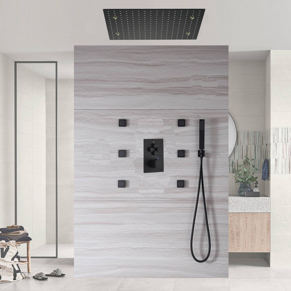 20 Inch LED Mist ceiling mounted Matte Black Thermostatic Shower system with 6 body jets