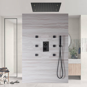 
                  
                    20 Inch LED Mist ceiling mounted Matte Black Thermostatic Shower system with 6 body jets
                  
                