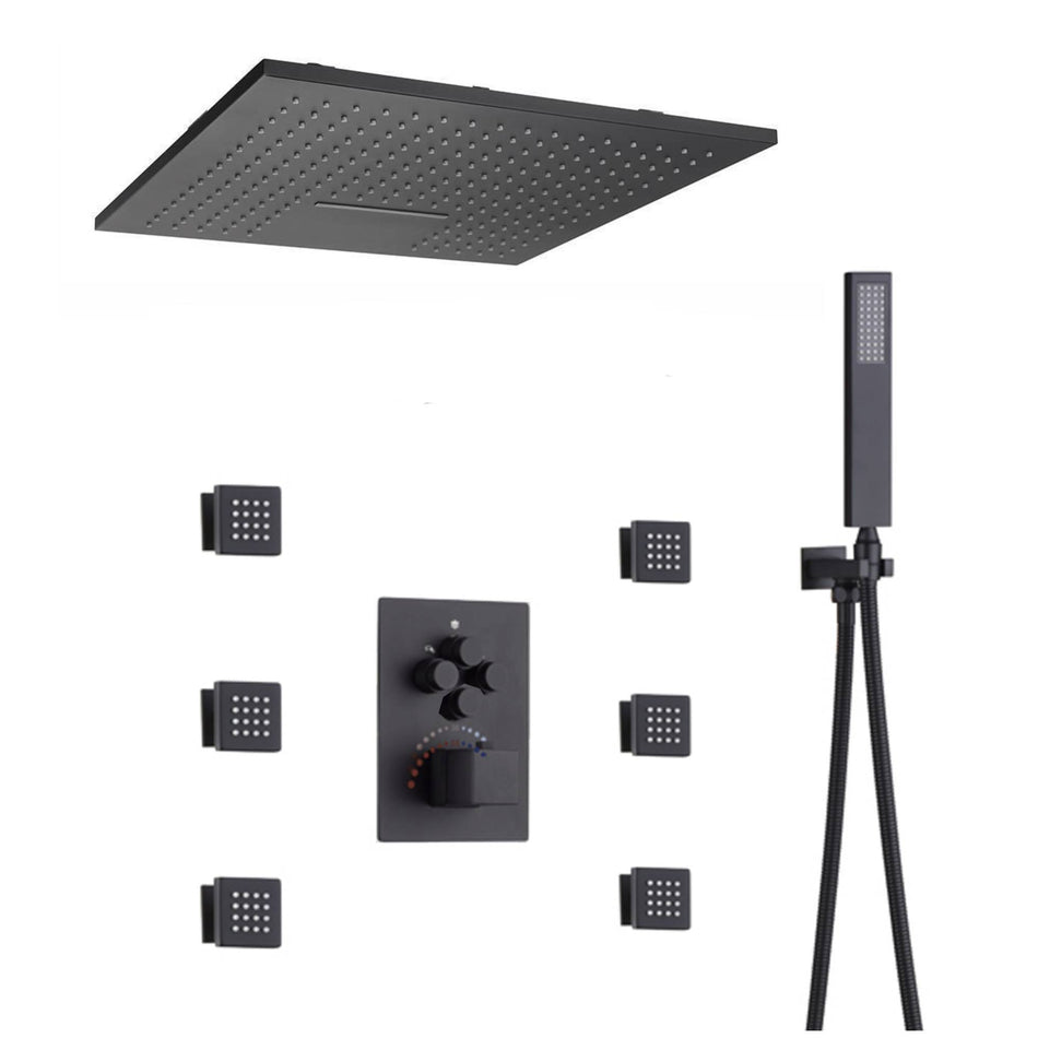 20'' Flushed on rainfall and waterfall ceiling matte Black 4 way thermostatic shower faucets with 6 body jets