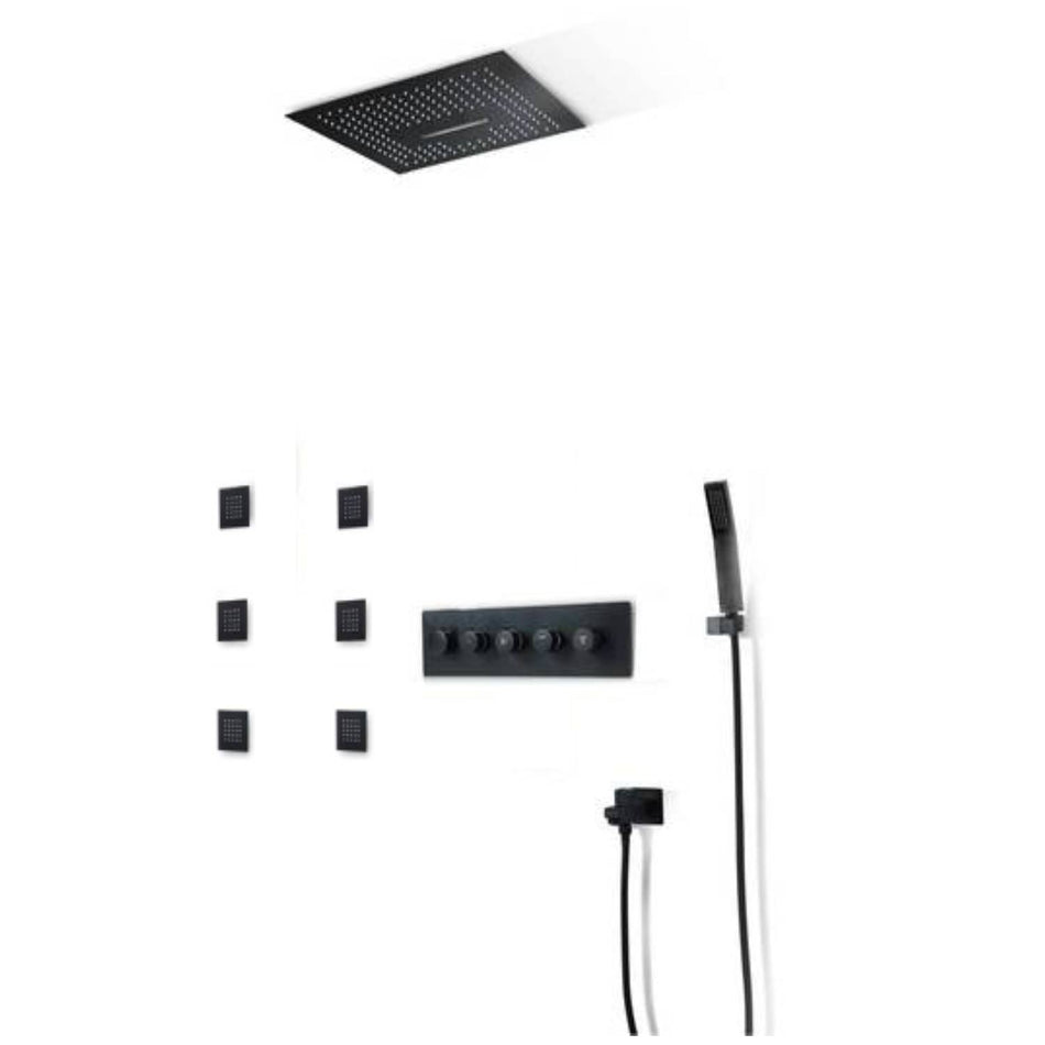 16inch 64 LED colors Matte Black Flushed in Bluetooth Music 4 Way Thermostatic Shower Faucet with 6 Body Jet