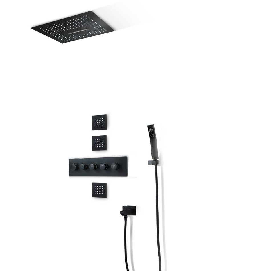 16'' Matt Black Flushed in Bluetooth Music Waterfall Rainfall LED Shower Thermostatic Shower Faucet Set with 4 Inch Body Jet