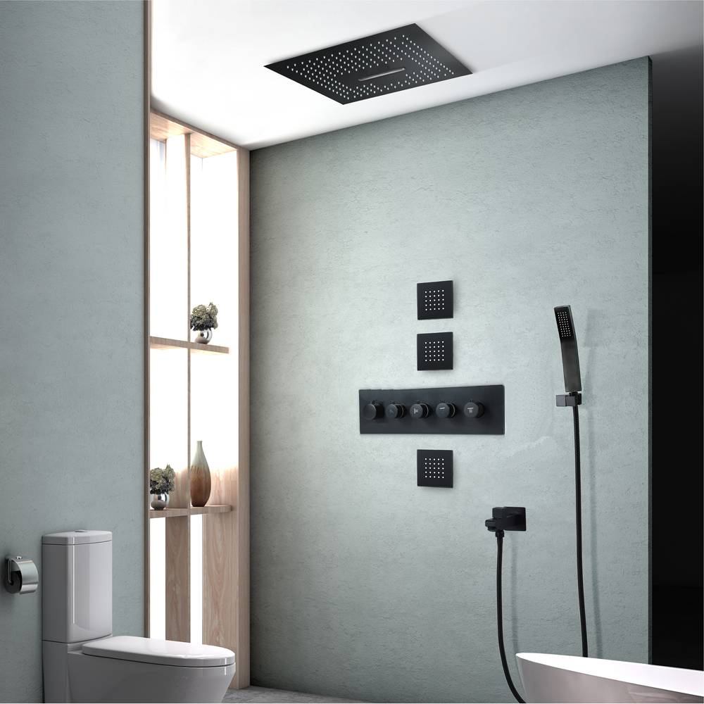 
                  
                    16'' Matt Black Flushed in Bluetooth Music Waterfall Rainfall LED Shower Thermostatic Shower Faucet Set with 4 Inch Body Jet
                  
                
