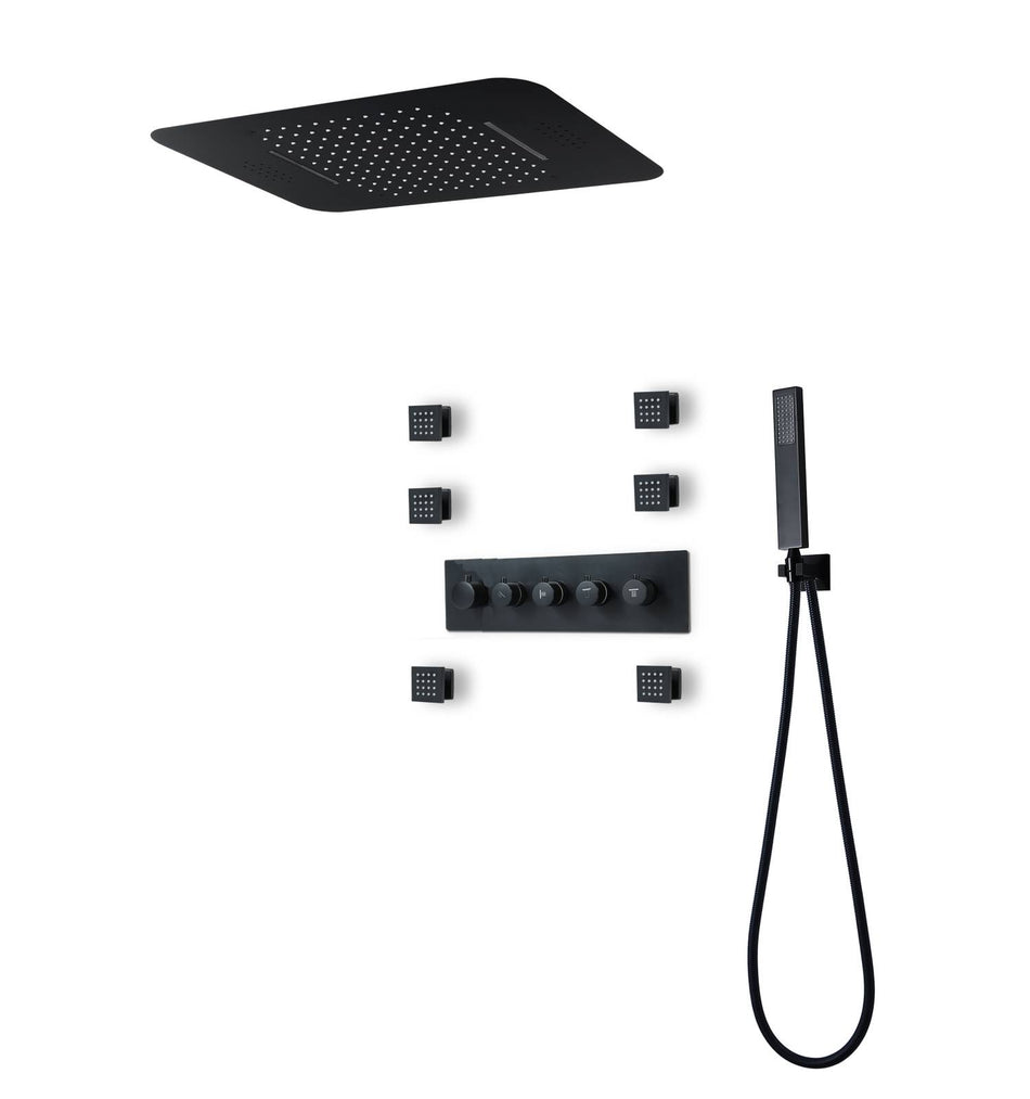 Matt Black Music LED Flushed in 23X 15inch shower head 4 way thermostatic valve that each function run all together and seperately