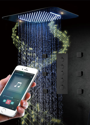 Matte Black 23 Inch Flushed Ceiling Mount Rainfall Waterfall 64 LED Light Bluetooth Music Shower Head 5 Way Thermostatic Shower Faucet Set with regular head and Touch Panel