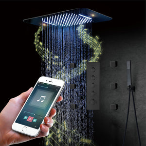 
                  
                    Matte Black 23 Inch Flushed Ceiling Mount Rainfall Waterfall 64 LED Light Bluetooth Music Shower Head 5 Way Thermostatic Shower Faucet Set with regular head and Touch Panel
                  
                