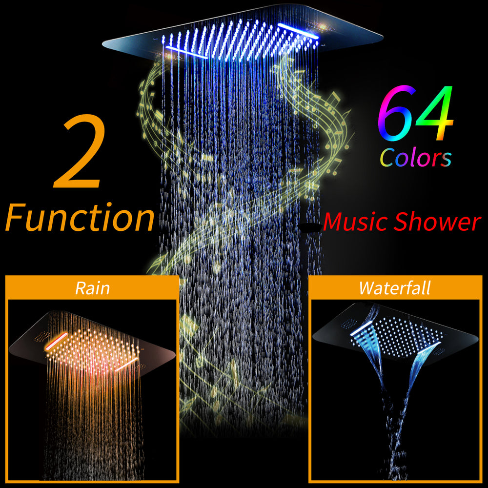 
                  
                    Matte Black 23 Inch Flushed Ceiling Mount Rainfall Waterfall 64 LED Light Bluetooth Music Shower Head 5 Way Thermostatic Shower Faucet Set with regular head and Touch Panel
                  
                