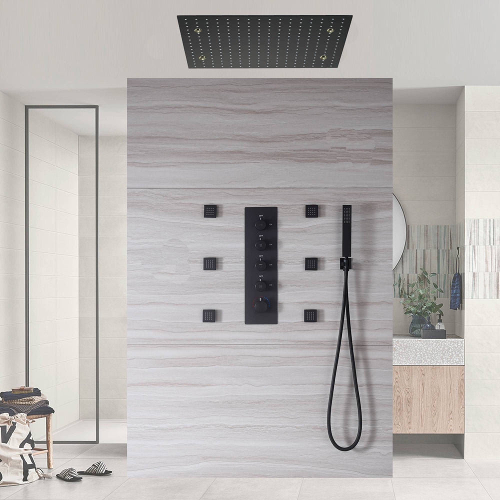 20 inch rainfall mist LED matte black rainfall shower system 4 way thermostatic rough in valve with body jets and 8inch wall mount shower head