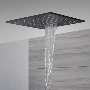 
                  
                    20inch matte black ceiling mount rainfall waterfall shower systems 4 way thermostatic valve with 6 body jets
                  
                