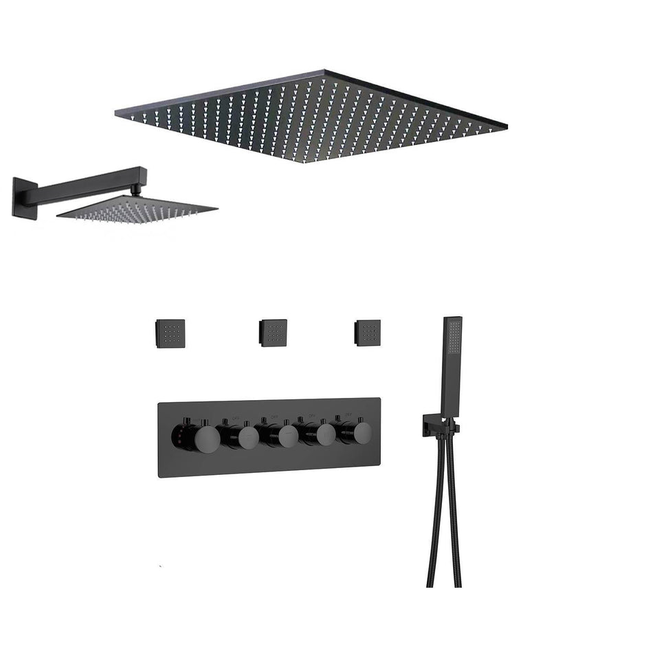 20inch matte black rainfall shower system 4 way thermostatic rough in valve with body jets and 8inch wall mount shower head