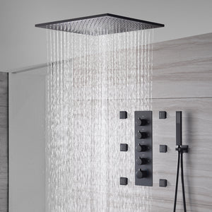 
                  
                    20inch matte black ceiling mount rainfall waterfall shower systems 4 way thermostatic valve with 6 body jets
                  
                