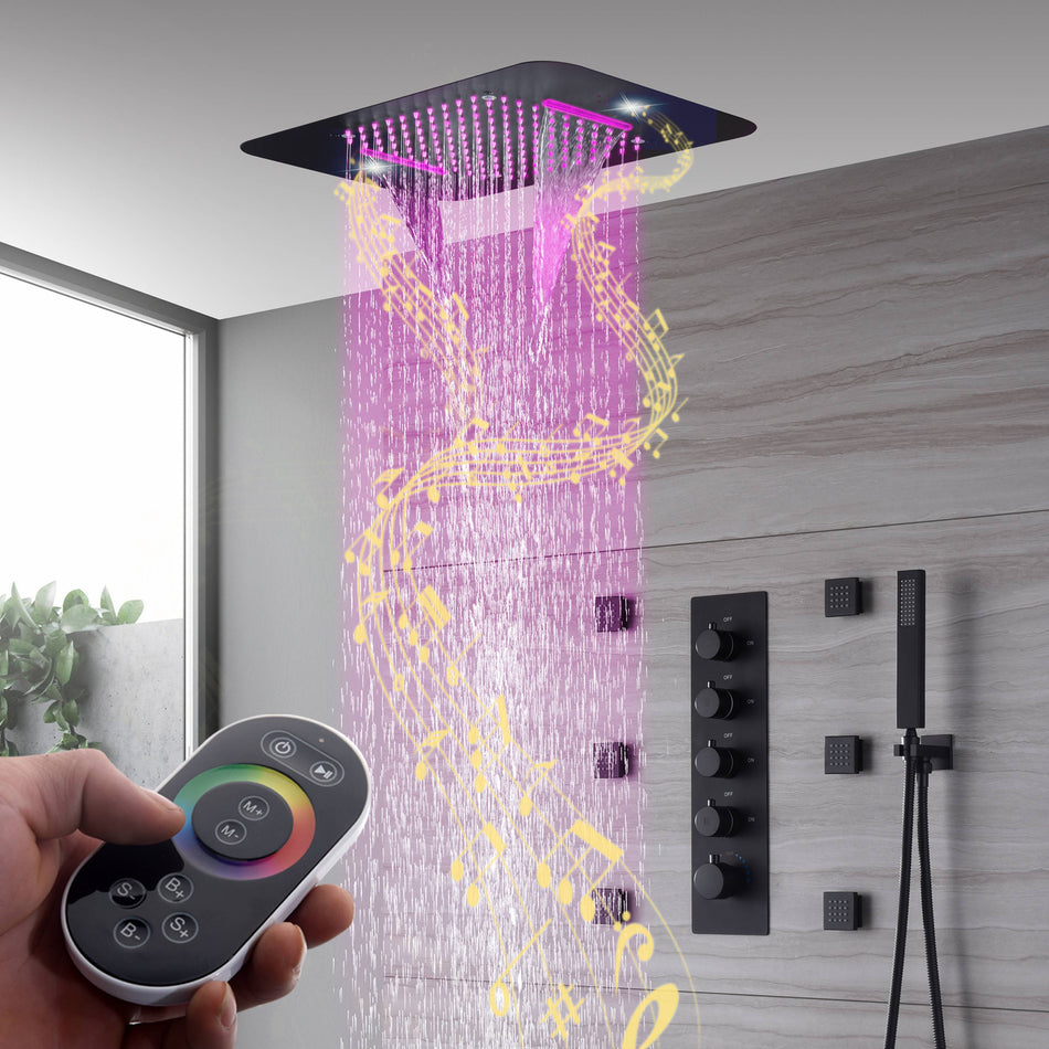 Matte Black 64-Color LED Lights Bluetooth Music Rainfall Waterfall 23 Inch Shower Head 4 Way Thermostatic Shower System with Body Jets