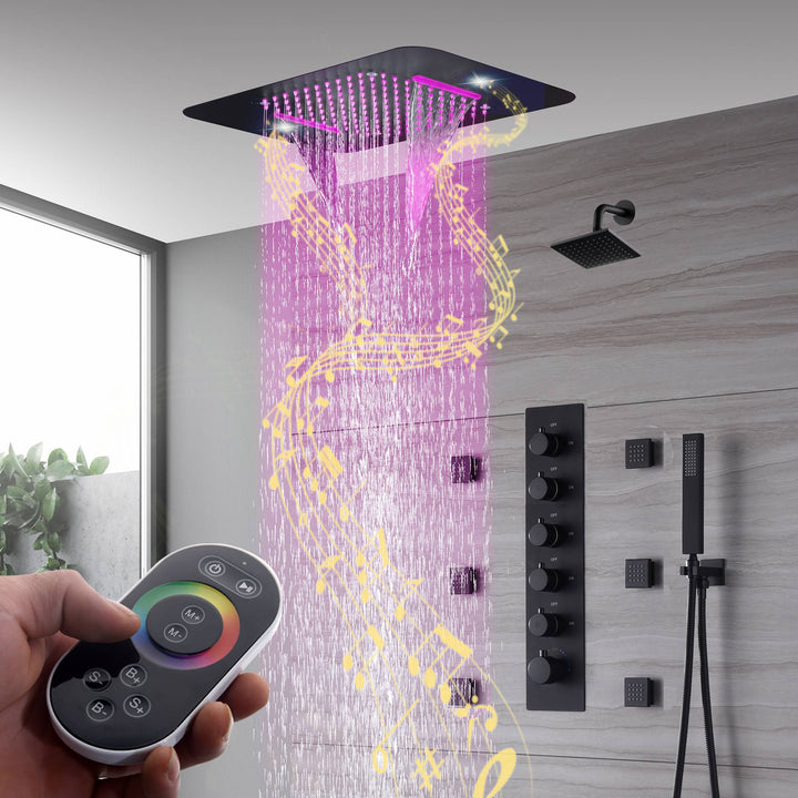 Matte Black Music LED Flushed in 23X 15inch shower head 5 way thermostatic shower system with regular shower head and body jets