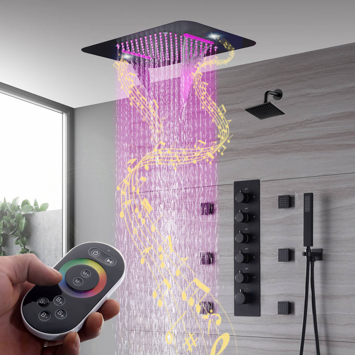 
                  
                    Matte Black Music LED Flushed in 23X 15inch shower head 5 way thermostatic shower system with regular shower head and body jets
                  
                