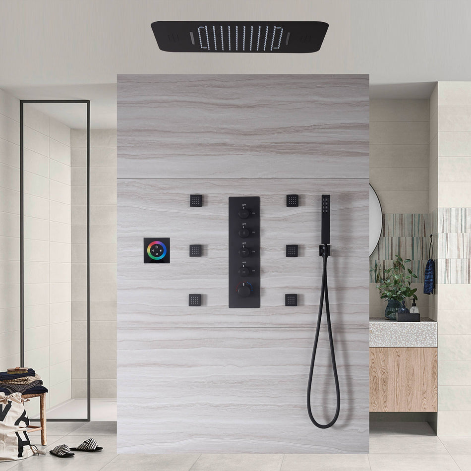 Matte Black 64-Color LED Lights Bluetooth Music Rainfall Waterfall 23 Inch Shower Head 4 Way Thermostatic Shower System with Body Jets