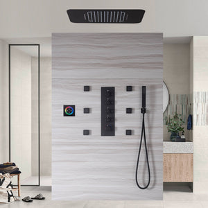 
                  
                    Matte Black 64-Color LED Lights Bluetooth Music Rainfall Waterfall 23 Inch Shower Head 4 Way Thermostatic Shower System with Body Jets
                  
                