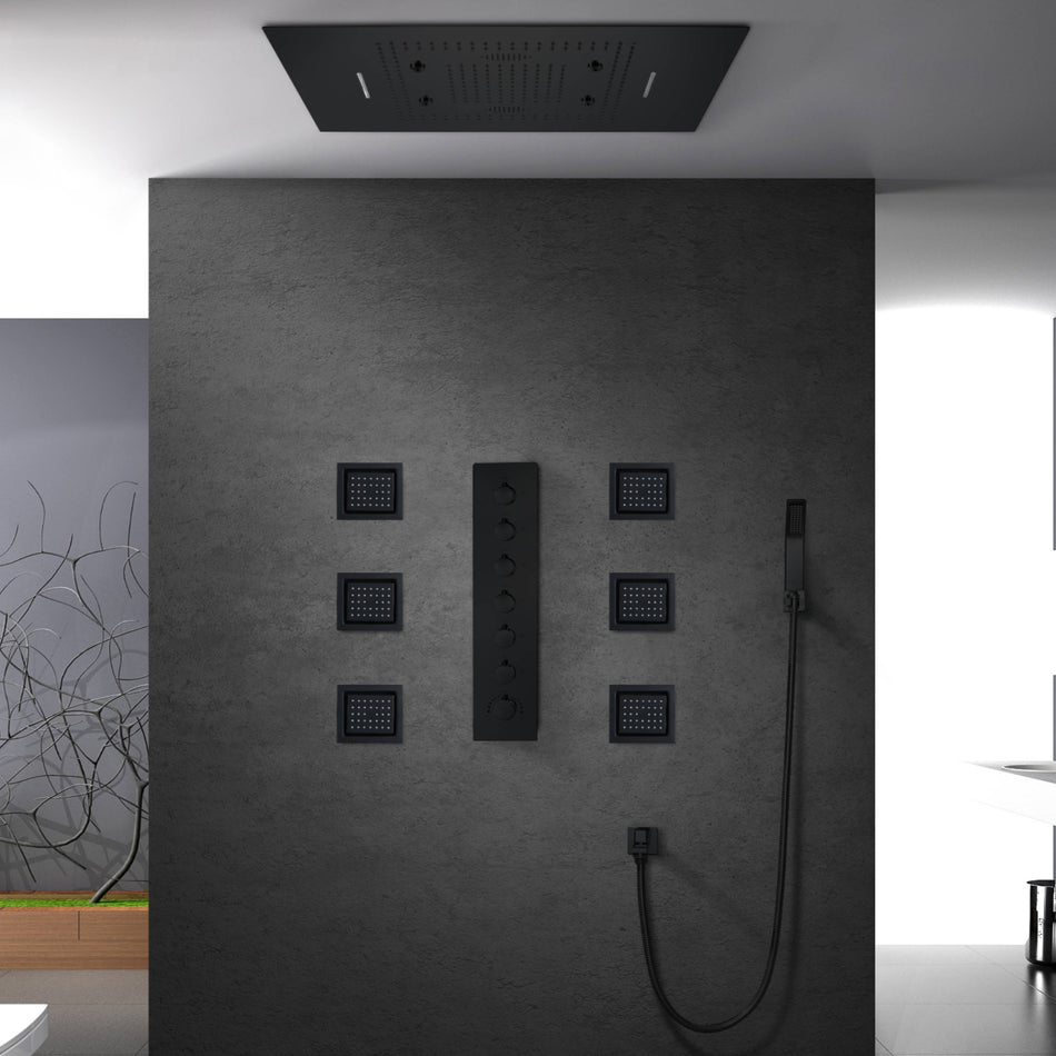 Matte Black Flush in 31'' Rainfall Shower Head Faucet 6 Function Thermostatic Mixer Valve with 6 pcs (4 x 4 inch) body jets
