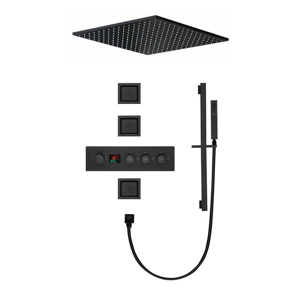 20inch LED Rainfall matte black 3 way digital thermostatic shower faucet with sliding bar and 4inch body jets