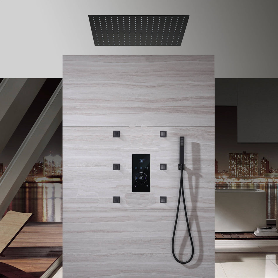20-inch or 24 inch LED light ceiling mounted Matte Black 3 way touch-panel valve with a big water flow adjustable fixture