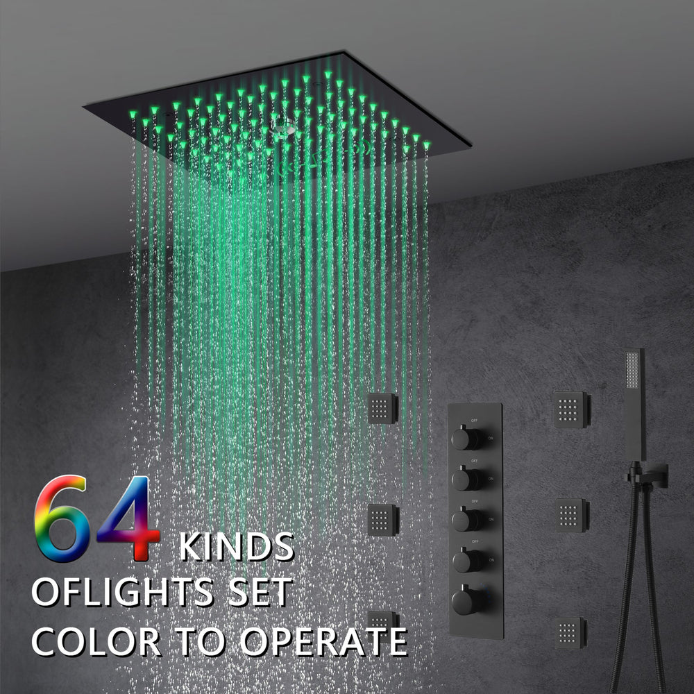 
                  
                    Flushed mount 12 inch 64 LED colors light Matte Black Bluetooth Music 4 Way digital display Thermostatic Shower Faucet with body sprayers
                  
                
