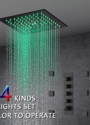 Flushed mount 12 inch 64 LED colors light Matte Black Bluetooth Music 4 Way digital display Thermostatic Shower Faucet with body sprayers