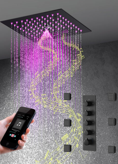 Flushed mount 12 inch 64 LED colors light Matte Black Bluetooth Music 4 Way digital display Thermostatic Shower Faucet with body sprayers