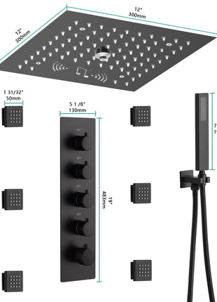 Flushed mount 12 inch 64 LED colors light Matte Black Bluetooth Music 4 Way digital display Thermostatic Shower Faucet with body sprayers