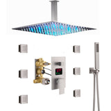 12 INCH or 16 INCH LED ceiling mounted 3 way Brushed Nickel pressure balance Digital display rain showers with 6 body jets