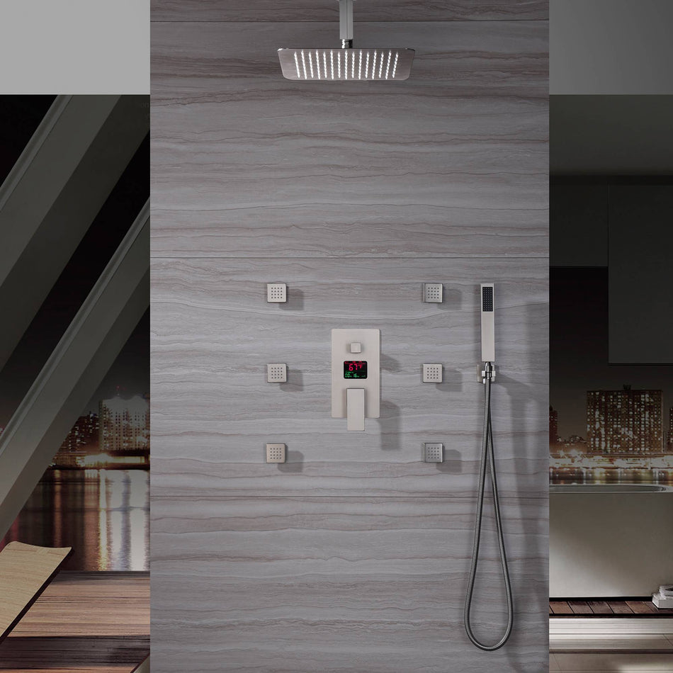 12 INCH or 16 INCH LED ceiling mounted 3 way Brushed Nickel pressure balance Digital display rain showers with 6 body jets