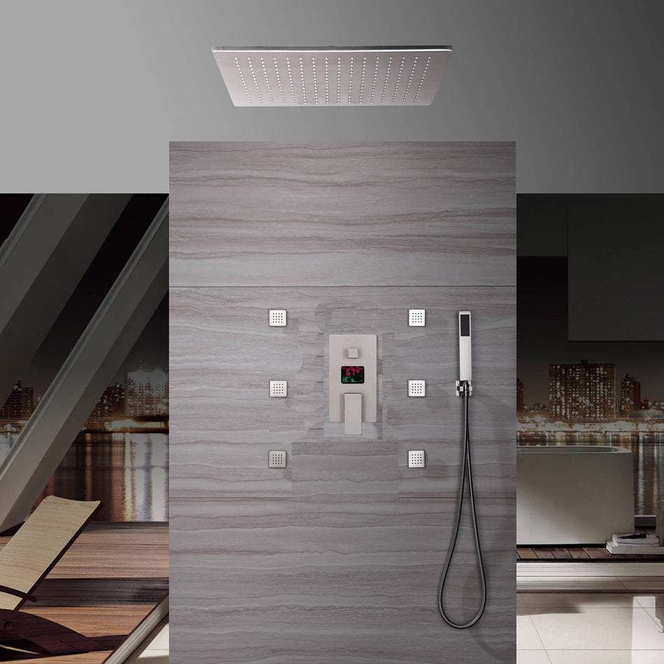 20'' Ceiling mounted 3 way Brushed Nickel Digital display anti scald pressure balance valve Shower Faucet with 6 body jets