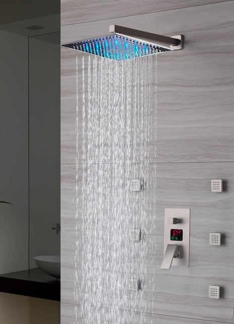 12 INCH or 16 INCH LED wall mounted 3 way Brushed Nickel pressure balance Digital display rain showers with 6 body jets