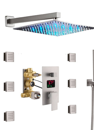 12 INCH or 16 INCH LED wall mounted 3 way Brushed Nickel pressure balance Digital display rain showers with 6 body jets