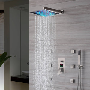 
                  
                    12 INCH or 16 INCH LED wall mounted 3 way Brushed Nickel pressure balance Digital display rain showers with 6 body jets
                  
                