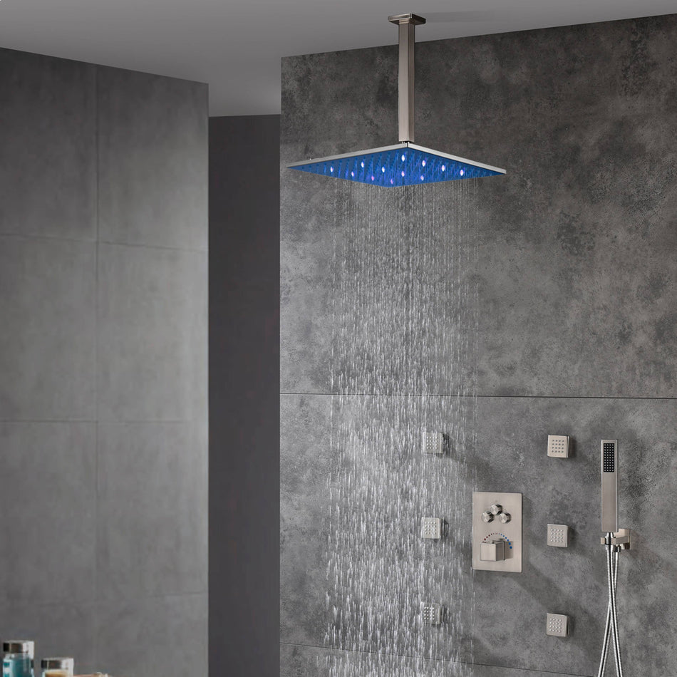 12inch or 16 inch 3 LED color lights Brushed Nickel shower systems Ceiling Mount 3 way Thermostatic valve that each function work at the same time and separately