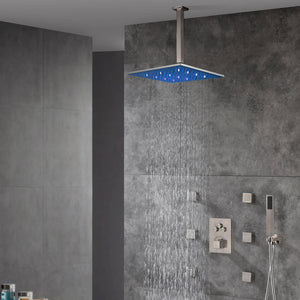 
                  
                    12inch or 16 inch 3 LED color lights Brushed Nickel shower systems Ceiling Mount 3 way Thermostatic valve that each function work at the same time and separately
                  
                