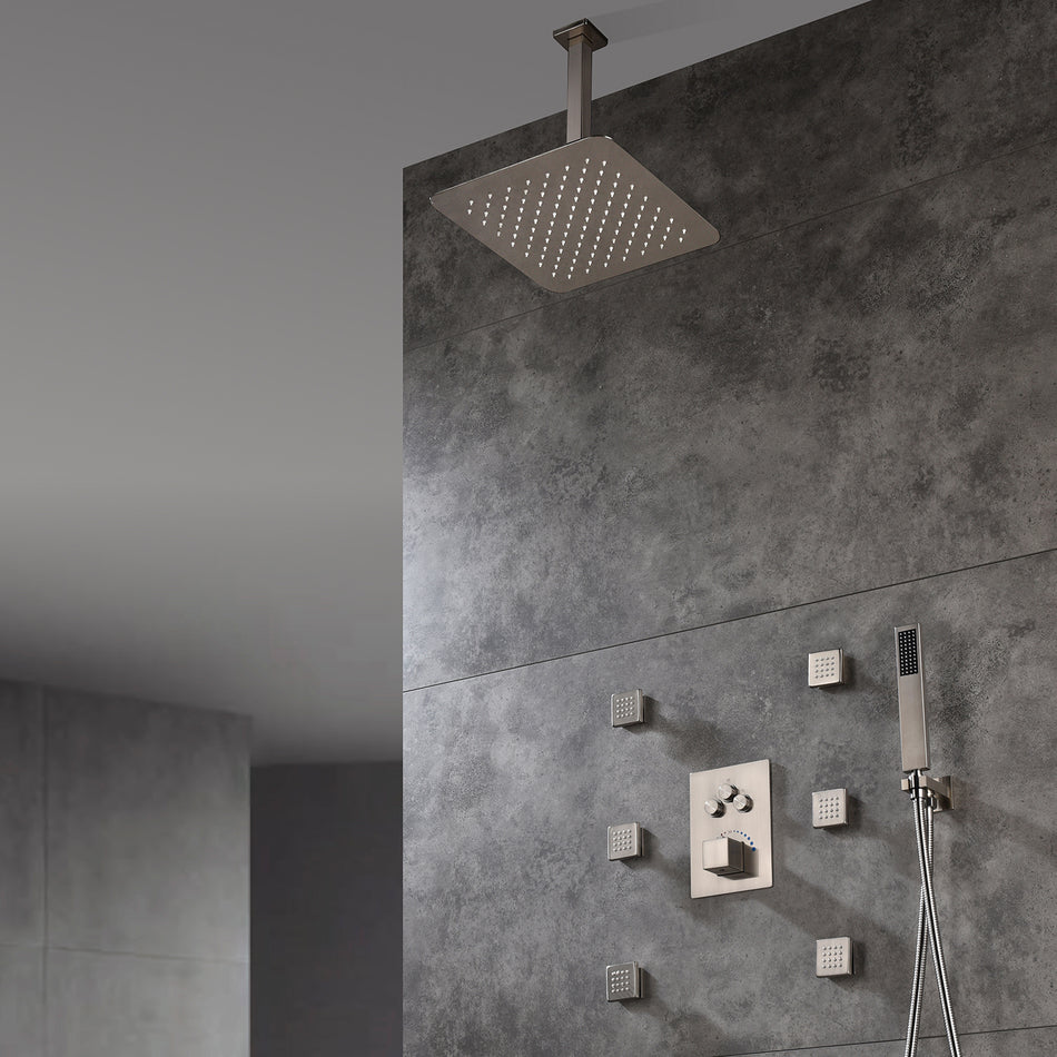12inch or 16 inch 3 LED color lights Brushed Nickel shower systems Ceiling Mount 3 way Thermostatic valve that each function work at the same time and separately