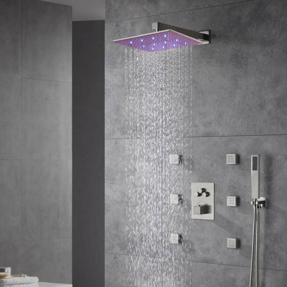 12 inch or 16 inch Brushed Nickel 3 LED color light Rain Shower system with 6 body jets and 3 way Thermostatic valve that each function work all together and separately
