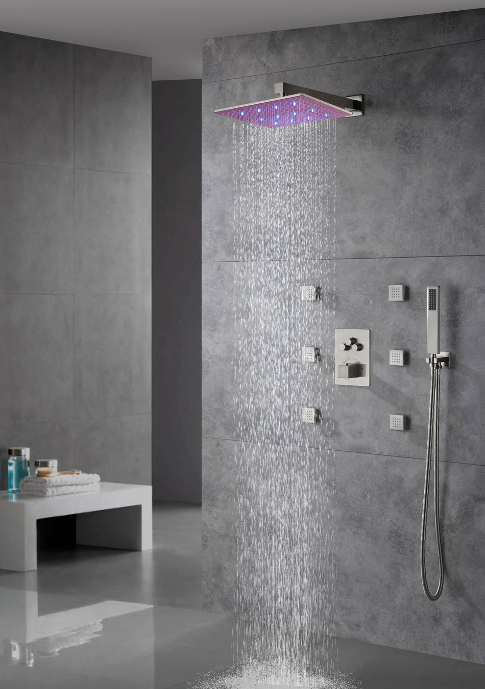 12 inch or 16 inch Brushed Nickel 3 LED color light Rain Shower system with 6 body jets and 3 way Thermostatic valve that each function work all together and separately