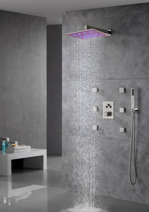 
                  
                    12 inch or 16 inch Brushed Nickel 3 LED color light Rain Shower system with 6 body jets and 3 way Thermostatic valve that each function work all together and separately
                  
                