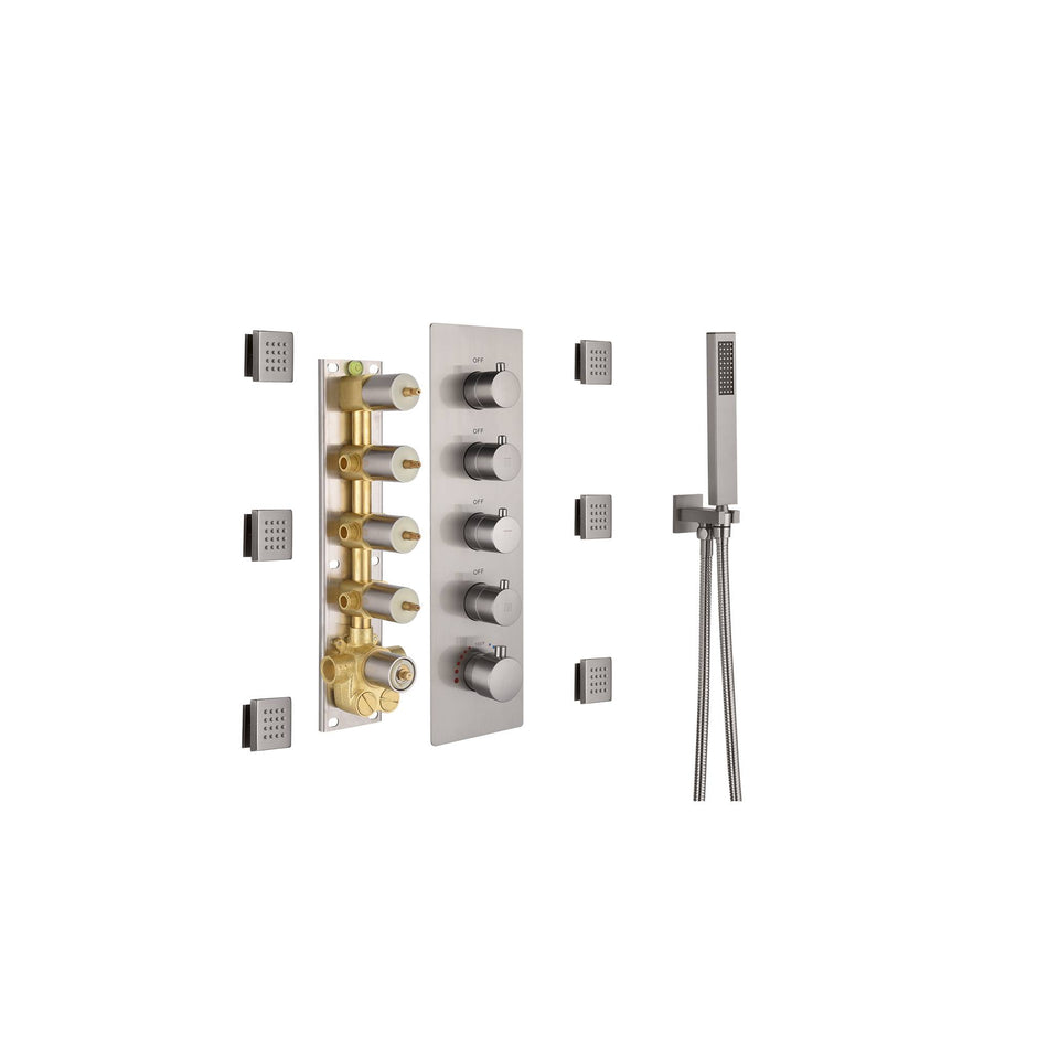 20 Inch Brushed nickel ceiling mount rainfall shower systems 4 way thermostatic valve with 6 body jets and wall mount 6 inch regualr shower head