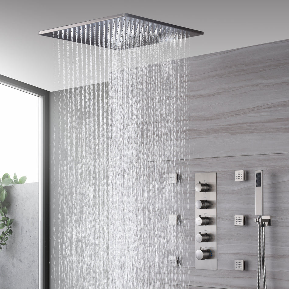 20-Inch Ceiling-Mount Rainfall and Waterfall Shower System in Brushed Nickel with 4-Way Thermostatic Valve and 6 Body Jets