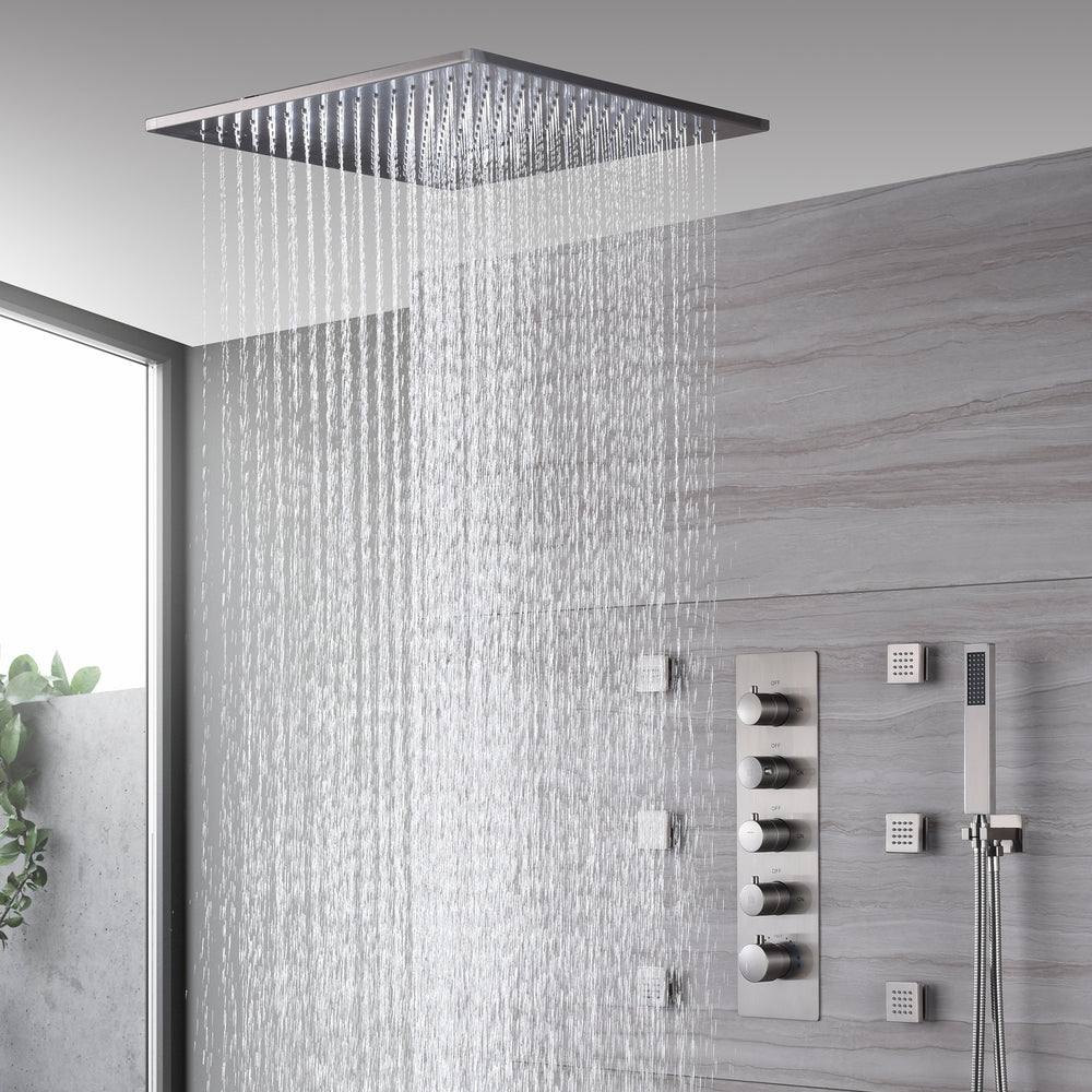 
                  
                    20-Inch Ceiling-Mount Rainfall and Waterfall Shower System in Brushed Nickel with 4-Way Thermostatic Valve and 6 Body Jets
                  
                